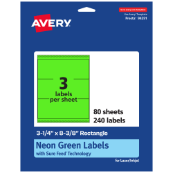 Avery® Printable Labels With Sure Feed® Technology, 94251-NGP80, Rectangle, 3-1/4" x 8-3/8", Matte Neon Green, Pack of 240