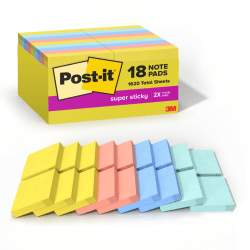 Post-it® Super Sticky Notes, 1-7/8 in x 1-7/8 in, 18 Pads, 90 Sheets/Pad, 2x the Sticking Power, Summer Joy Collection
