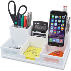 Victor W9525 Pure White Desk Organizer with Smart Phone Holder- 6 Compartment(s) - 3.5" Height x 5.5" Width x 10.4" Depth - White - Wood, Frosted Glass, Rubber - 1 Each