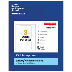 Avery® Ultra Duty® Permanent GHS Chemical Labels, 97186-WMUI50, Rectangle, 3" x 5", White, Pack Of 150