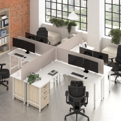 Bush Business Furniture Hustle 4 Person L Shaped Desk with Mobile File Cabinets, Power Grommets, and Privacy Screens, White and Natural Elm,