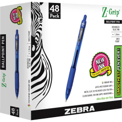 Zebra® Pen Z-Grip® Retractable Ballpoint Pens, Pack Of 48, Medium Point, 1.0 mm, Blue Barrel, Blue Ink