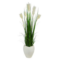 Nearly Natural Wheat Plume Grass 54"H Artificial Plant With Planter, 54"H x 18"W x 16"D, Green/White