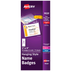 Avery® Customizable Hanging Style Name Badges, 74520, 3" x 4", White, Box Of 50 Badge Holders With Cords And 51 Printable Name Tag Inserts