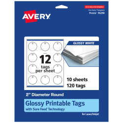 Avery® Printable Tags With Sure Feed® Technology, Print-To-The-Edge, 2", Glossy White, Pack Of 120