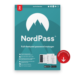 NordVPN NordPass Password Service, 2024, For 1 Device, 2-Year Subscription, Windows/iOS, Download
