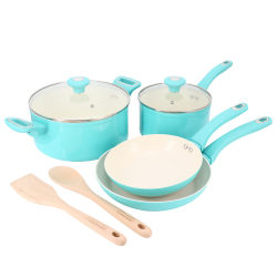 Martha Stewart Everyday Rexford 8-Piece Nonstick Ceramic Aluminum Cookware Set, Teal