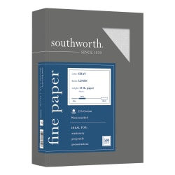 Southworth® Cotton Linen Business Paper, Gray, Letter (8.5" x 11"), 500 Sheets Per Ream, 24 Lb, 94 Brightness