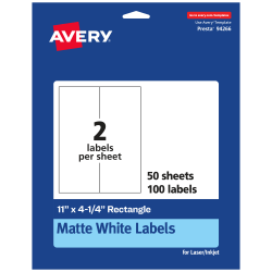 Avery® Permanent Labels, 94266-WMP50, Rectangle, 11" x 4-1/4", White, Pack Of 100