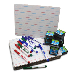 Flipside Products 2-Sided Rectangular Dry-Erase Boards With Colored Pens And Student Erasers, 9"x12", Red & Blue Ruled/Plain, Class Pack Of 12 Boards
