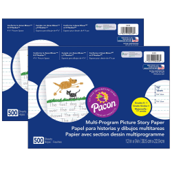 Pacon® Multi-Program Picture Story Paper, 5/8" Ruled, 12" x 9", White, 500 Sheets Per Pack, Set Of 2 Packs