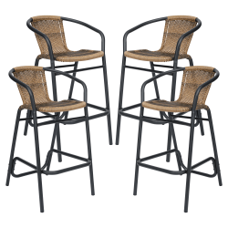 Flash Furniture Lila Set of 4 Commercial Grade Indoor-Outdoor PE Rattan Restaurant Barstools with Aluminum Frames and Footrests, Medium Brown