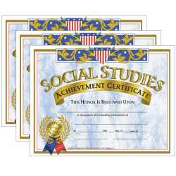 Hayes Certificates, 8-1/2" x 11", Social Studies Achievement, 30 Certificates Per Pack, Set Of 3 Packs