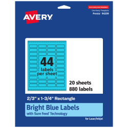 Avery® Print-To-The-Edge Labels With Sure Feed® Technology And Easy Peel® Label Feature, 94209-BBP20, Rectangle, 2/3" x 1-3/4", Matte Bright Blue, Pack of 880