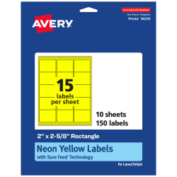 Avery® Printable Labels With Sure Feed® Technology, 94235-NYP10, Rectangle, 2" x 2-5/8", Matte Neon Yellow, Pack of 150