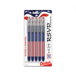 Pentel® R.S.V.P. Stars & Stripes Ballpoint Pens, Pack Of 5, Medium Point, 0.7 mm, Red/White/Blue Barrel, Black Ink