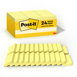 Post-it® Notes, 2400 Total Notes, Pack Of 24 Pads, 1 3/8" x 1 7/8", Canary Yellow, 100 Notes Per Pad