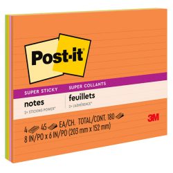 Post-it® Super Sticky Notes, 8" x 6", Energy Boost Collection, Lined, Pack Of 4 Pads