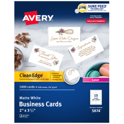 Avery® Clean Edge® Printable Business Cards With Sure Feed® Technology For Laser Printers, 2" x 3.5", White, 1,000 Blank Cards