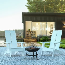 Flash Furniture Sawyer Modern All-Weather 2-Slat Poly Resin Adirondack Chairs With 22" Round Fire Pit, 39-1/2"H x 30-1/2"W x 37-1/2"D, White