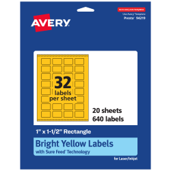 Avery® Print-To-The-Edge Labels With Sure Feed® Technology And Easy Peel® Label Feature, 94219-BYP20, Rectangle, 1" x 1-1/2", Matte Bright Yellow, Pack of 640