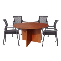 Boss Office Products 47" Round Table And Mesh Guest Chairs With Casters Set, Cherry/Black
