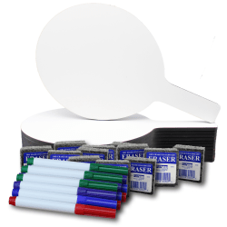 Flipside Products Oval Dry-Erase Answer Paddles With Colored Pens And Student Erasers, 7" x 12", White, Class Pack Of 12 Paddles