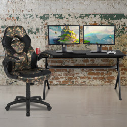 Flash Furniture Gaming Desk And Racing Chair Set With Cup Holder, Headphone Hook & Removable Mouse Pad Top, Camouflage