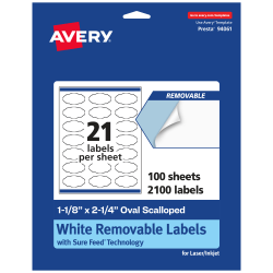 Avery® Removable Labels With Sure Feed®, 94061-RMP100, Oval Scalloped, 1-1/8" x 2-1/4", White, Pack Of 2,100 Labels