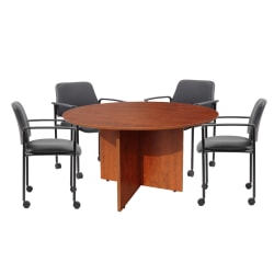 Boss Office Products Round Table And 4 Stackable Guest Chairs Set, Cherry/Black, GROUP123CD