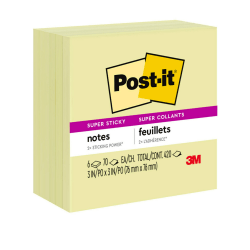 Post-it Super Sticky Notes, 3 in x 3 in, 6 Pads, 70 Sheets/Pad, 2x the Sticking Power, Canary Yellow