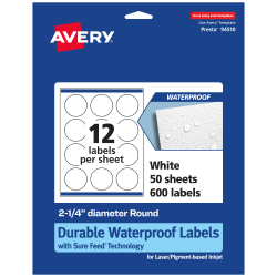 Avery® Waterproof Permanent Labels With Sure Feed®, 94510-WMF50, Round, 2-1/4" Diameter, White, Pack Of 600