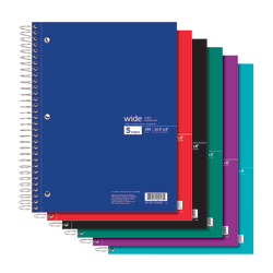 Office Depot® Brand Wirebound Notebook,  8" x 10-1/2", 5 Subjects, Wide Ruled, 180 Sheets, Assorted Colors (No Color Choice)