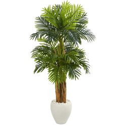 Nearly Natural Triple Areca Palm 66"H Artificial Tree With Planter, 66"H x 34"W x 30"D, Green/White