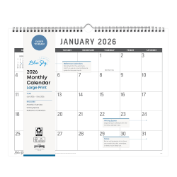 2026 Blue Sky Monthly Wall Calendar, 12" x 15", Large Print, January To December, 152695