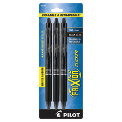 Pilot® FriXion® Clicker Erasable Gel Pens, Fine Point, 0.7 mm, Black Barrels, Black Ink, Pack Of 3