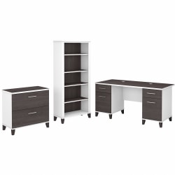 Bush Business Furniture Somerset 60"W Office Computer Desk With Lateral File Cabinet And 5-Shelf Bookcase, Storm Gray/White, Standard Delivery
