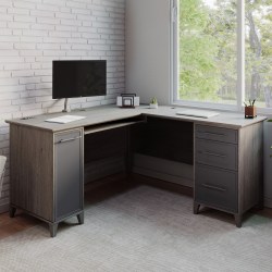 Realspace® Koru 60"W L-Shaped Corner Computer Desk With Integrated Power & Charging, Two-Tone Slate/Gray Oak, BIFMA Compliant