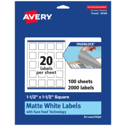Avery® Print-To-The-Edge TrueBlock® Labels With Sure Feed®, 94106-TWMP100, Square, 1-1/2" x 1-1/2", Matte White, Pack Of 2000