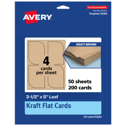 Avery® Print-To-The-Edge Flat Cards, 3-1/2"x5" Leaf, Kraft Brown, Pack Of 200