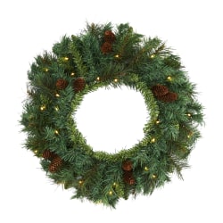 Nearly Natural Mixed Pine And Pinecone Artificial Christmas Wreath With 35 Warm LED Lights, 20" x 4", Green