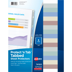 Avery® Protect 'n Tab™ Tabbed Sheet Protector Dividers, Top Load, 5-Tab Set, 5 Page Protectors