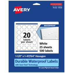 Avery® Waterproof Permanent Labels With Sure Feed®, 94120-WMF25, Hexagon, 1-1/2" x 1-47/54", White, Pack Of 500