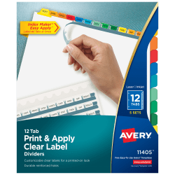 Avery® Customizable Index Maker® Dividers For 3 Ring Binder, Easy Print & Apply Clear Label Strip, 12 Tab, Multicolor, Pack Of 5 Sets