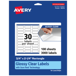 Avery® Glossy Permanent Labels With Sure Feed®, 94216-CGF100, Rectangle, 3/4" x 2-1/4", Clear, Pack Of 3,000
