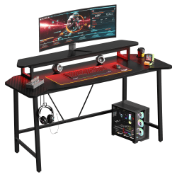 Bestier 63"W Gaming Desk With Aircraft Arc, LED Lights & Monitor Stand, Black