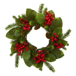 Nearly Natural Magnolia Leaf, Berry And Pine Artificial Wreath, 19" x 19", Green