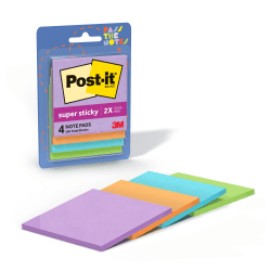 Post-it® Super Sticky Notes, 3 x 3 in, 4 Sticky Note Pads, 45 Sheets/Pad, Iris Infusion, Vital Orange, Aqua Wave, and Limeade Colors