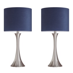 LumiSource Lenuxe Contemporary Table Lamps, 24-1/4"H, Navy Shade/Brushed Nickel Base, Set Of 2 Lamps