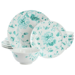 Martha Stewart Chinoserie 12-Piece Round Porcelain Dinnerware Set, Teal